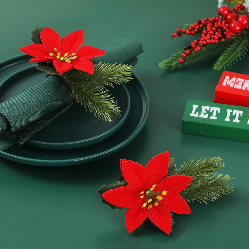 Regine Switzerland Christmas Pine Cone Napkin Rings - Rustic Poinsettia & Berry Design | Set of 6