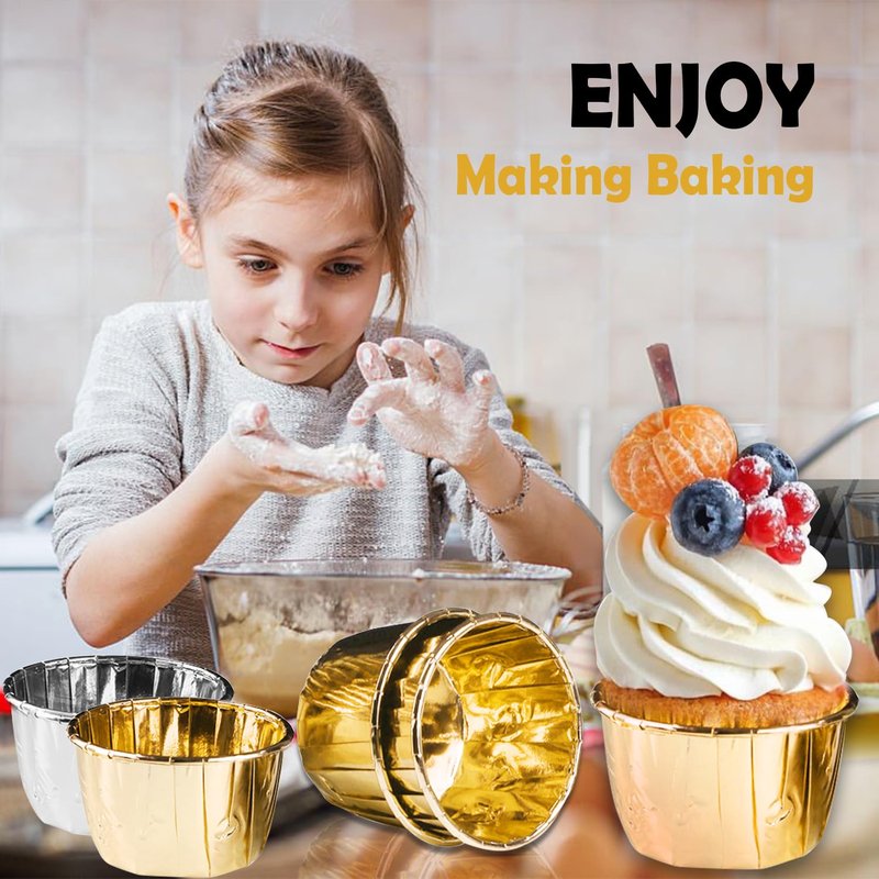 Gold Foil Metallic Paper Baking Cups Muffin Cups Cupcake Liners 50-Count Cake Baking Cups for Birthday, Wedding, Party (Gold)