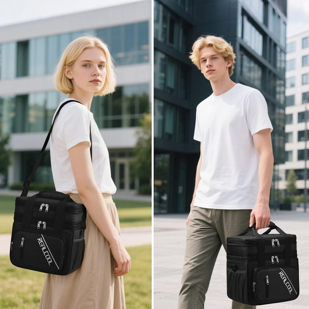 RealCool Insulated Lunch Bag - Double Deck Leakproof Soft Cooler for Work & Travel | Black