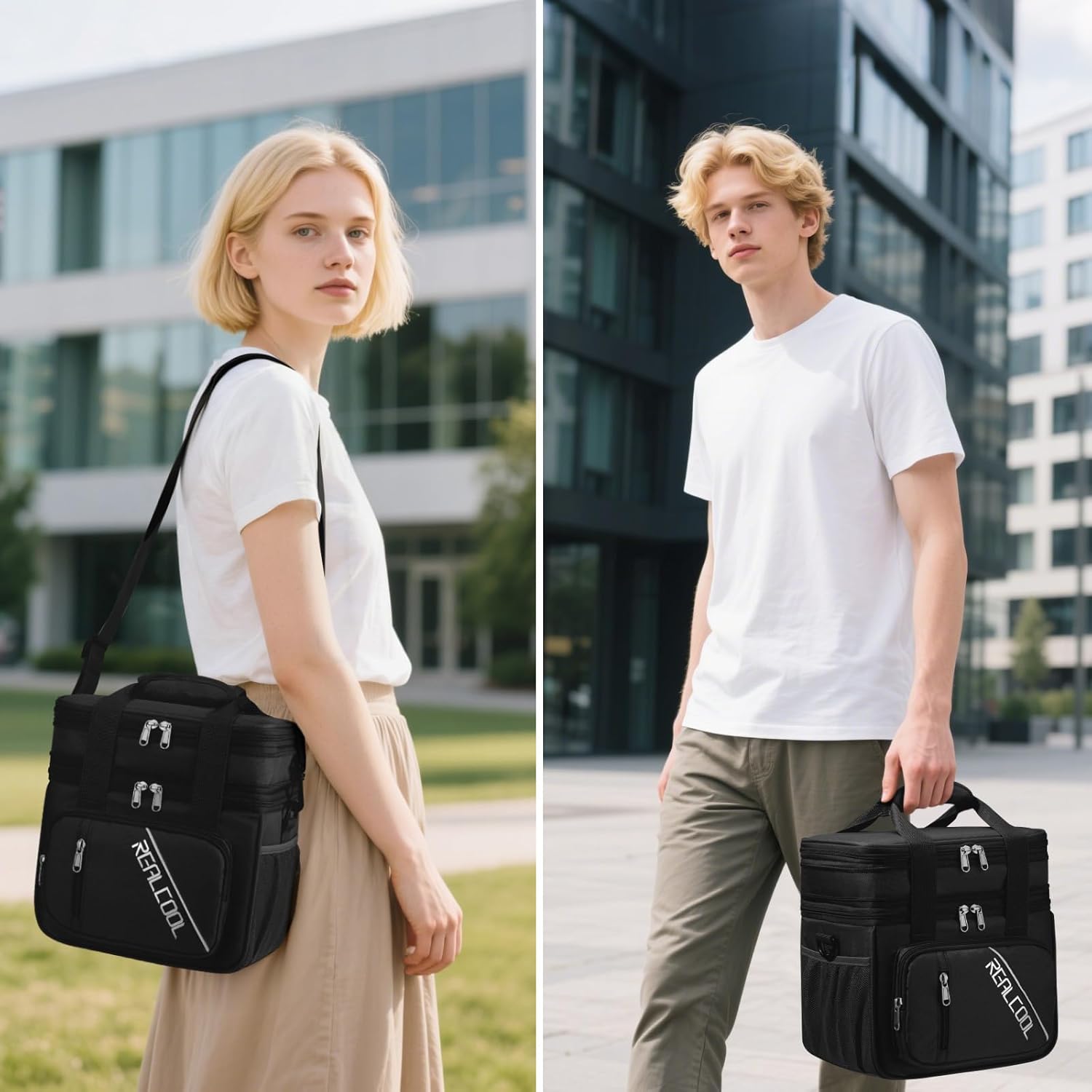 RealCool Insulated Lunch Bag - Double Deck Leakproof Soft Cooler for Work & Travel | Black
