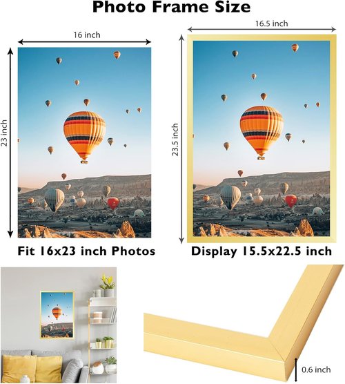 JCJMY Gold Picture Frame - 16x23 Inches for Horizontal & Vertical Wall Display | Ideal for Posters & Photos