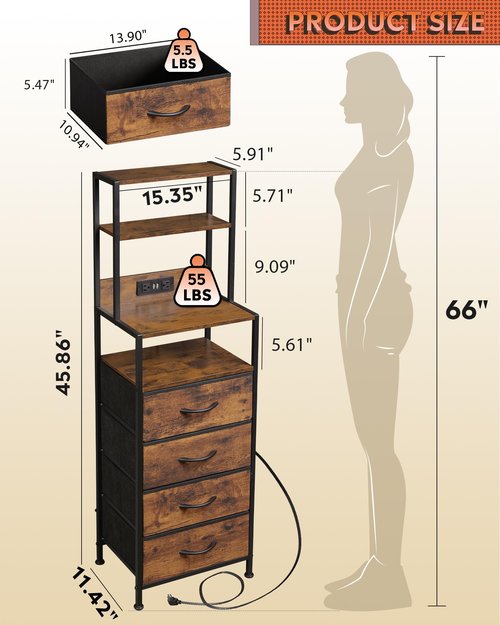 WLIVE Tall Nightstand with Charging Station, LED Night Stand with 4 Drawers and Storage Open Shelves, Fabric Dresser for Bedroom, Living Room, Office, Rustic Brown
