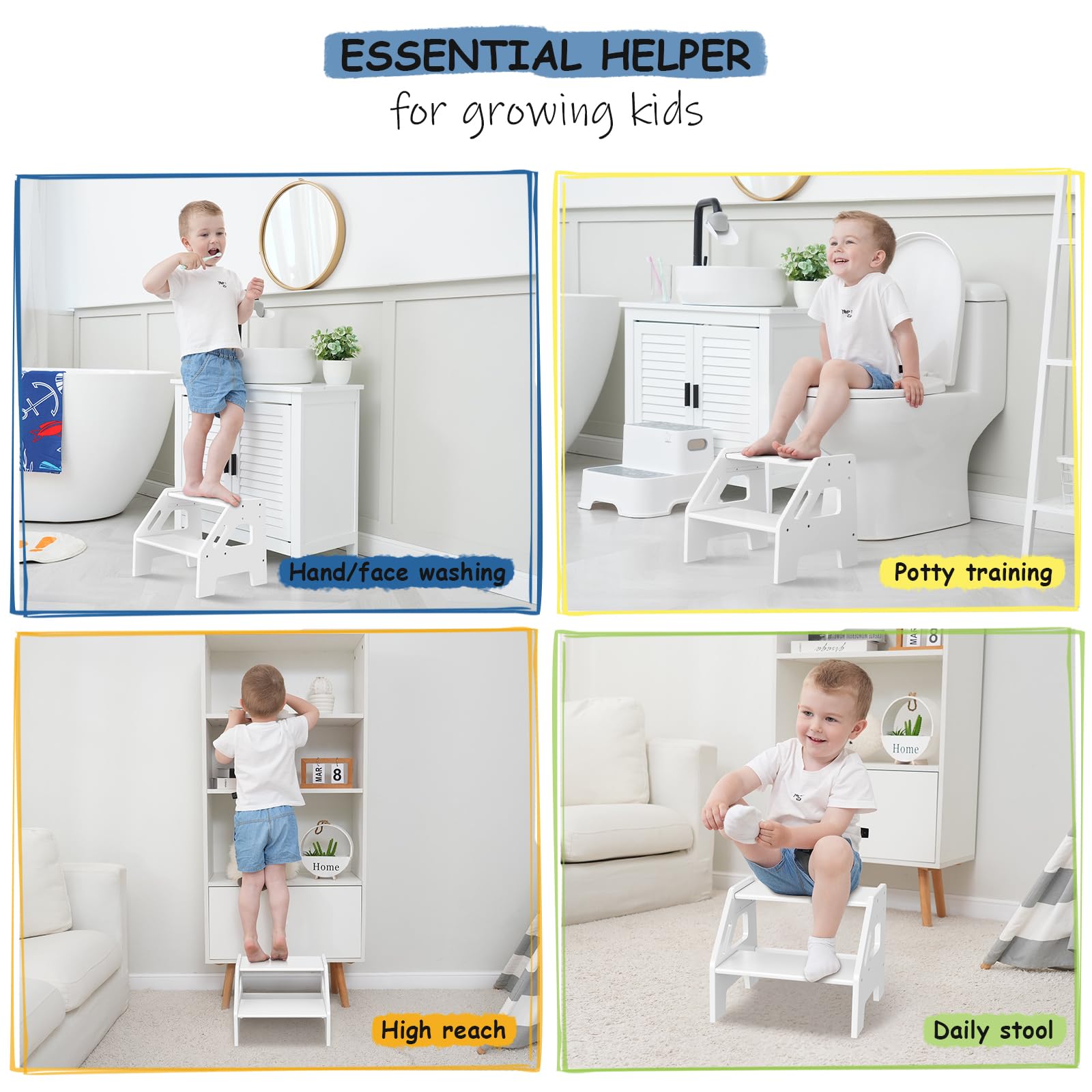 Harwaya White Wood Toddler Step Stool for Bathroom Sink, 2 Step Kids Stool for Toilet Potty Training, Baby Child Stepping Stool with Handles for Toddlers Nursery Kitchen Counter (White)