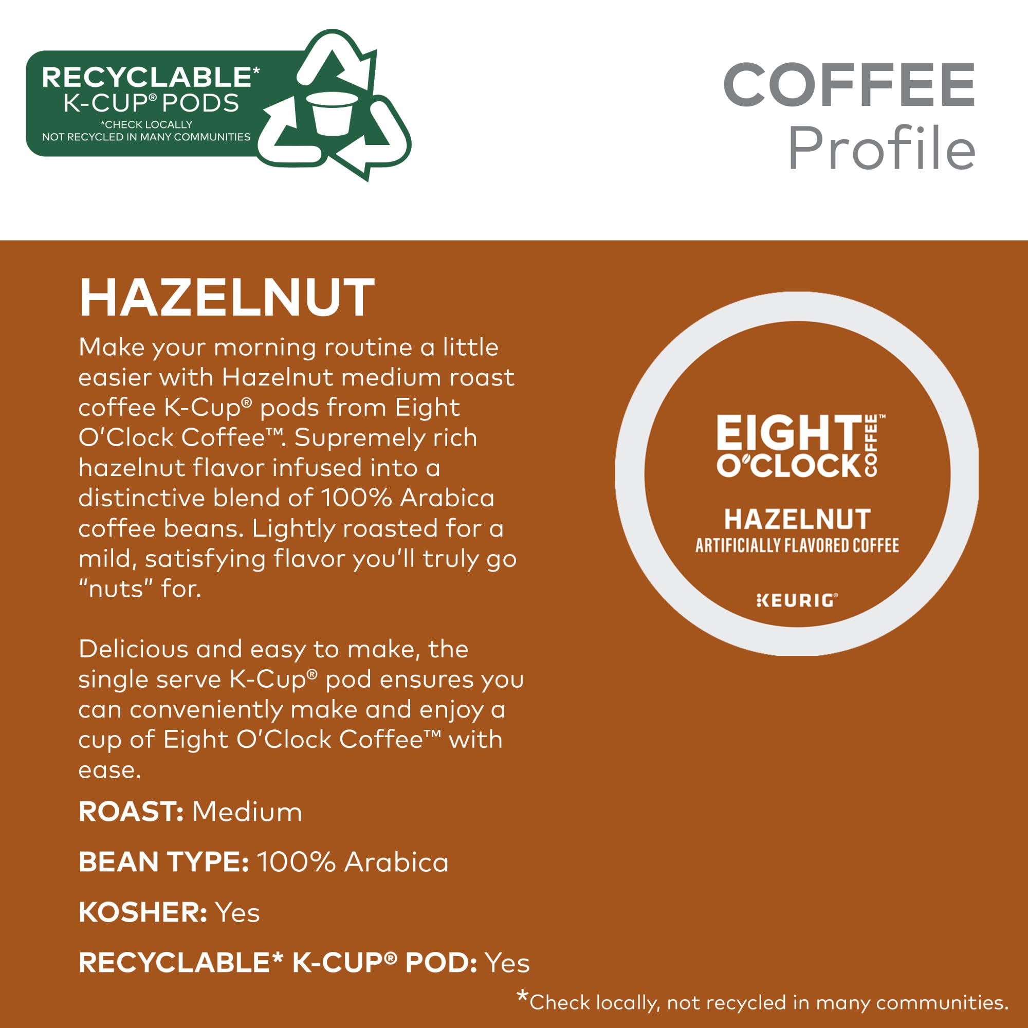 Eight O'Clock Coffee Hazelnut, Single-Serve Coffee K-Cup Pods, Medium Roast, 72 Count