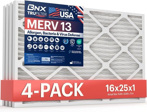 BNX TruFilter Air Filter MERV 13 (16x25x1, 4-Pack) - Electrostatic Pleated HVAC Filters for Allergies & Smoke