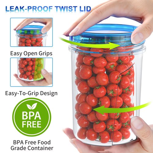 [32 oz 6 Pack] Food Storage Freezer Containers Clear bottom With blue Twist Top Lids Reusable, Plastic Airtight Meal Prep Containers BPA Free | Stackable | Leakproof | Microwave/Dishwasher Safe