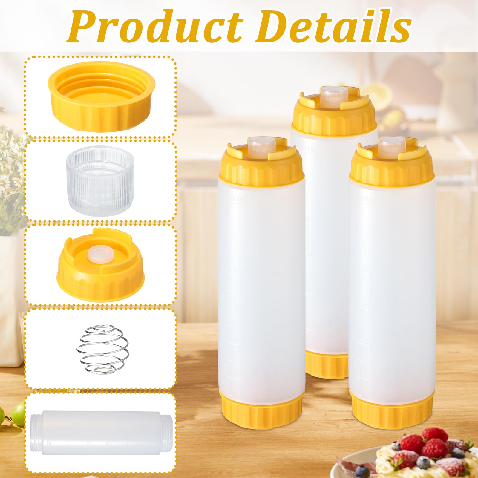 3 Pack Pancake Batter Dispenser and Mixer with BlenderBall Wire Whisk, Pancake Shaker Batter Dispenser, Kitchen Batter Bottle Squeeze for Cupcakes, Muffins, Crepes, Breakfast Art, and More (Yellow)