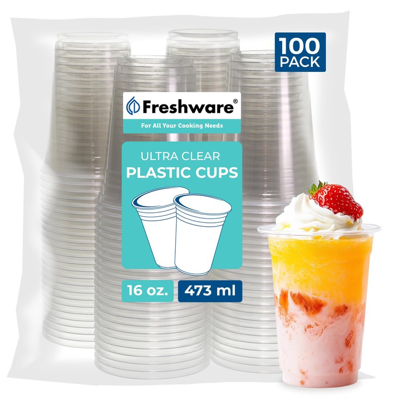 Freshware Clear Plastic Cups [100 Pack - 16 oz] Disposable Cups for Iced Coffee, Smoothie, Milkshake, Cold Drinks
