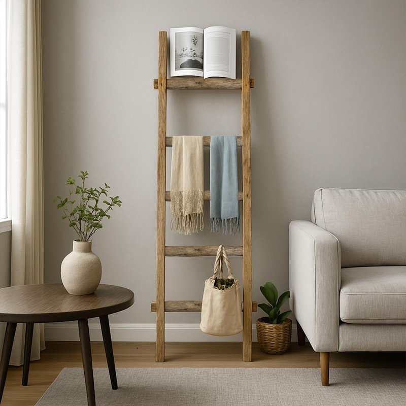 Oujchenghome Blanket Ladder Pre Assembled 76in Wooden Ladder Shelf Living Room Bathroom Bedroom Decorative Wall Leaning Farmhouse Quilt Display Holder Rustic Towel Rack (Brown, 57in（5-Tier）)