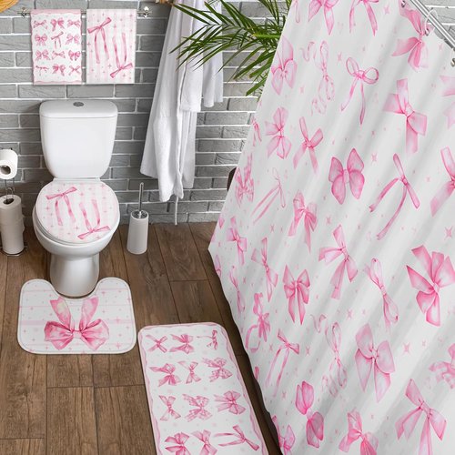 FuWeave Pink Bow Shower Curtain Set - 8 Pcs Cute Coquette Bathroom Decor with Towels & Rugs