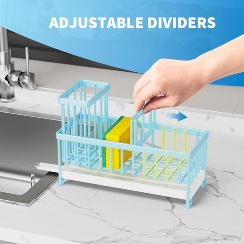 Cisily Kitchen Sink Caddy Organizer - Rustproof 304 Stainless Steel with High Brush Holder | Blue, 9.25”