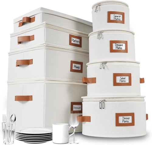 HOMELUX THEORY Hard Shell Storage Containers - 8pc Ivory Mug & Plate Boxes with Lids for Kitchen Organization