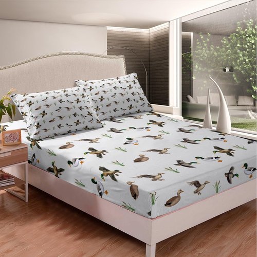 Feelyou Kids Duck Sheet Set Queen Size Duck Hunting Bed Sheets Set for Boys Girls Teens Bedroom Decor Wild Animals Sheets with Deep Pocket Fitted Sheet Women Men Botanical with 2 Pillow Case