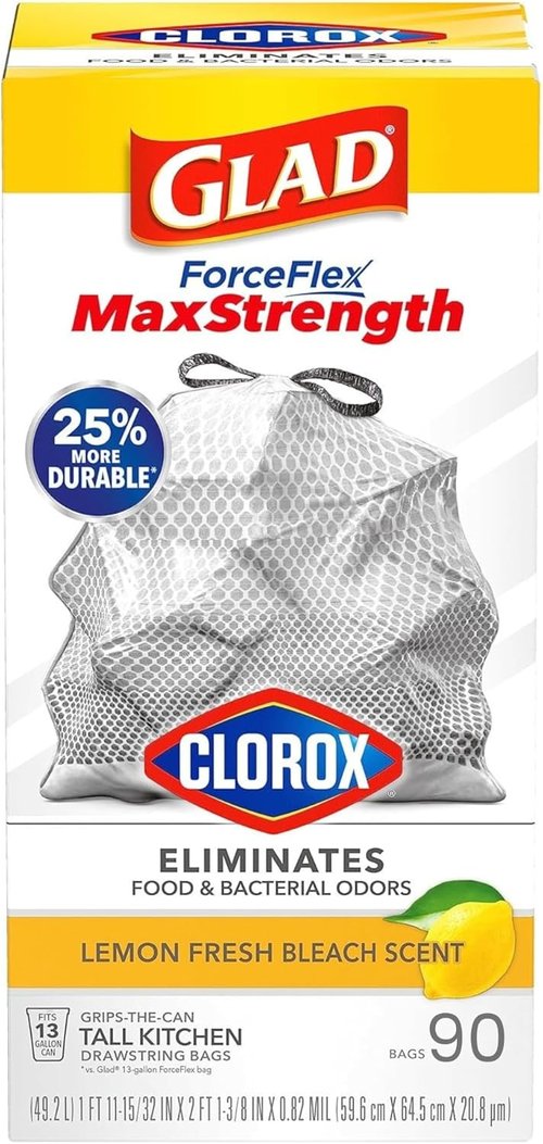 Glad ForceFlex MaxStrength Kitchen Drawstring Trash Bags - Lemon Fresh Scent | 13 Gallon, 90 Count