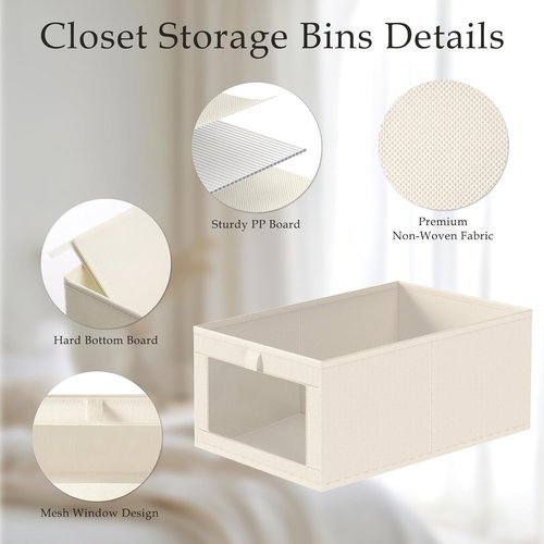 Criusia Closet Organizers - 4 Pack Foldable Linen Baskets with Mesh Windows for Clothing & Toys | Beige