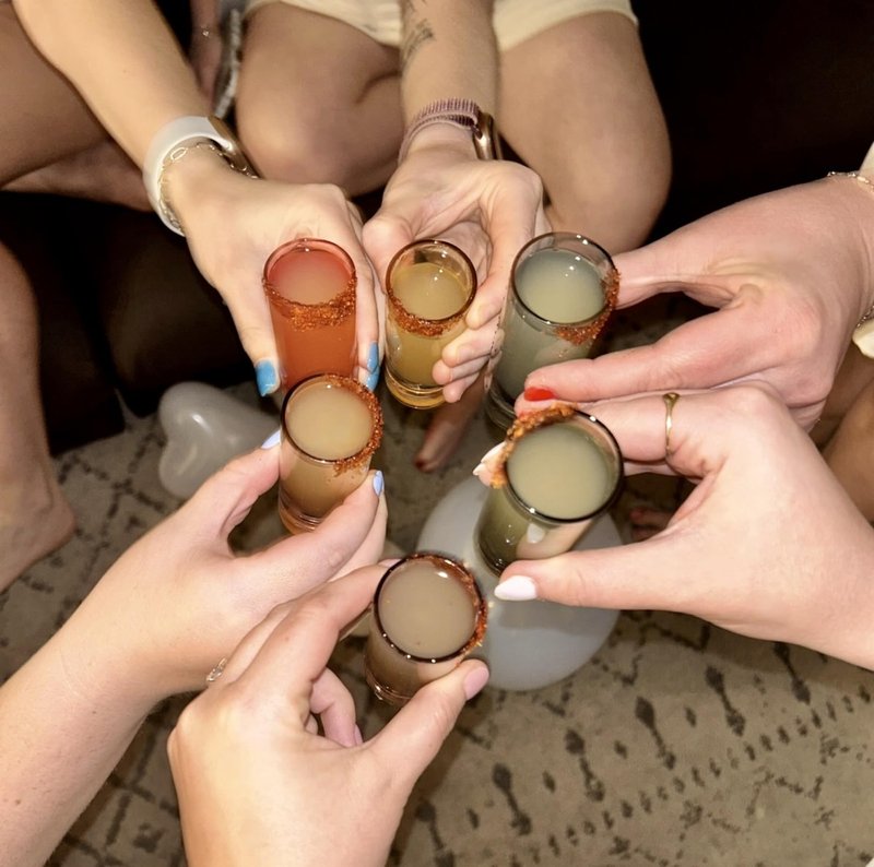 Saludi Colored Shot Glasses, 2oz (Set of 6) Multi-Color Glass with Wood Paddle - Luxury, Durable, Hand-Blown, Cute, Cool, Pink, Christmas, Rainbow, Unique, Tequila