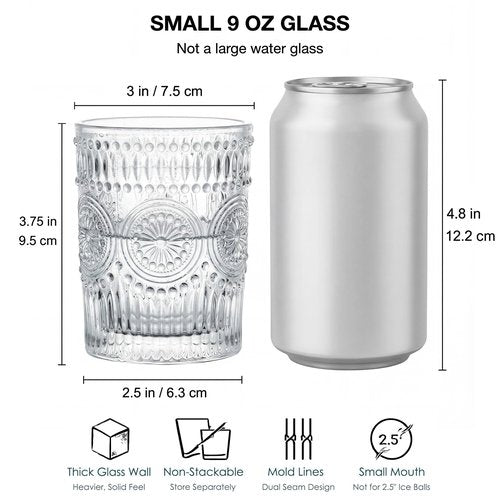 Kingrol 6 Pack SMALL 9 oz Drinking Glasses, Vintage Embossed Tumblers for Juice, Cocktails, Iced Tea