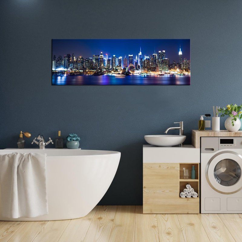 Biuteawal New York Wall Art Living Room Decor Beautiful Manhattan City Skyline Night Light Photo Poster Prints on Canvas Blue Cityscape Picture for Home Office Bedroom Decoration Ready to Hang