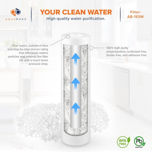 Aquaboon 5 Micron 10 x 2.5 Sediment Filter - Whole House Water Filter Replacement Compatible with Well Water Filters - P5, AP110, WHKF-GD05, 4 Pack