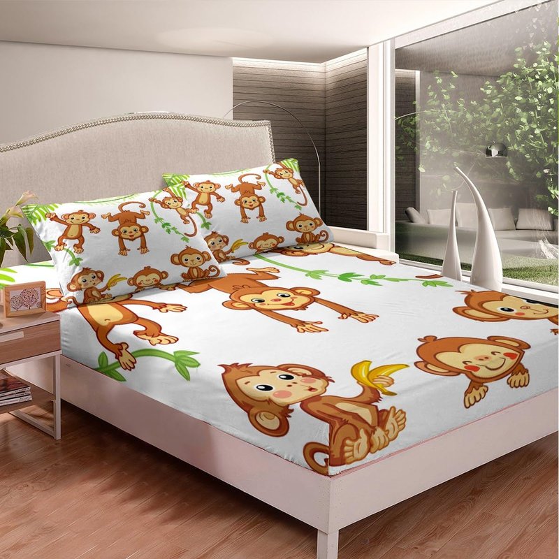 Feelyou Kids Cute Monkeys Bed Sheets Cartoon Monkey Banana Decor Sheet Set for Kids Boys Girls Wild Animal Pattern Bed Set Natural Wildlife Sheets Bedroom Collection 4Pcs Full Size