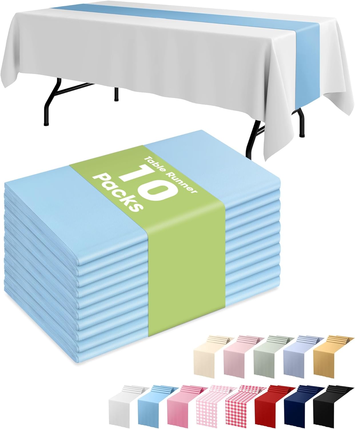 Pureegg Light Blue Plastic Table Runners - 10 Pack, 14'' x 108'', Water-Resistant & Disposable for Weddings, Parties, and Home Decor
