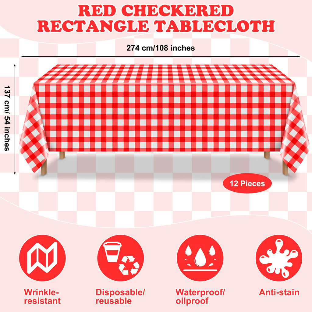 12 Pieces Plastic Checkered Tablecloth Gingham Tablecloth Rectangle Disposable Plaid Table Cloth 54 x 108 Inch 8 Foot Waterproof Picnic Table Covers for Barbecue Holiday Birthday Party(Red Checkered)