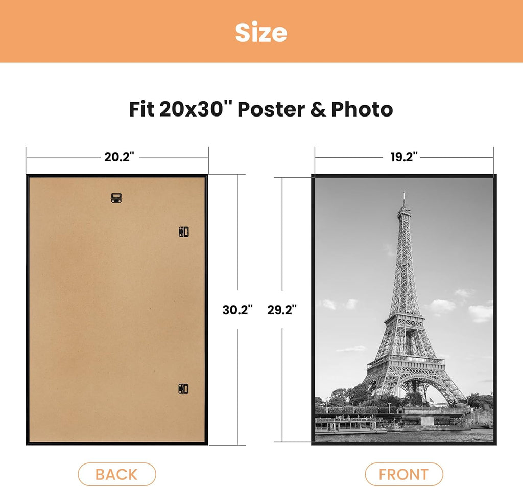 Upsimples 20x30 Picture Frame - Scratch-Proof Black Frames for Photo Gallery | 3 Pack, Horizontal/Vertical Mounting