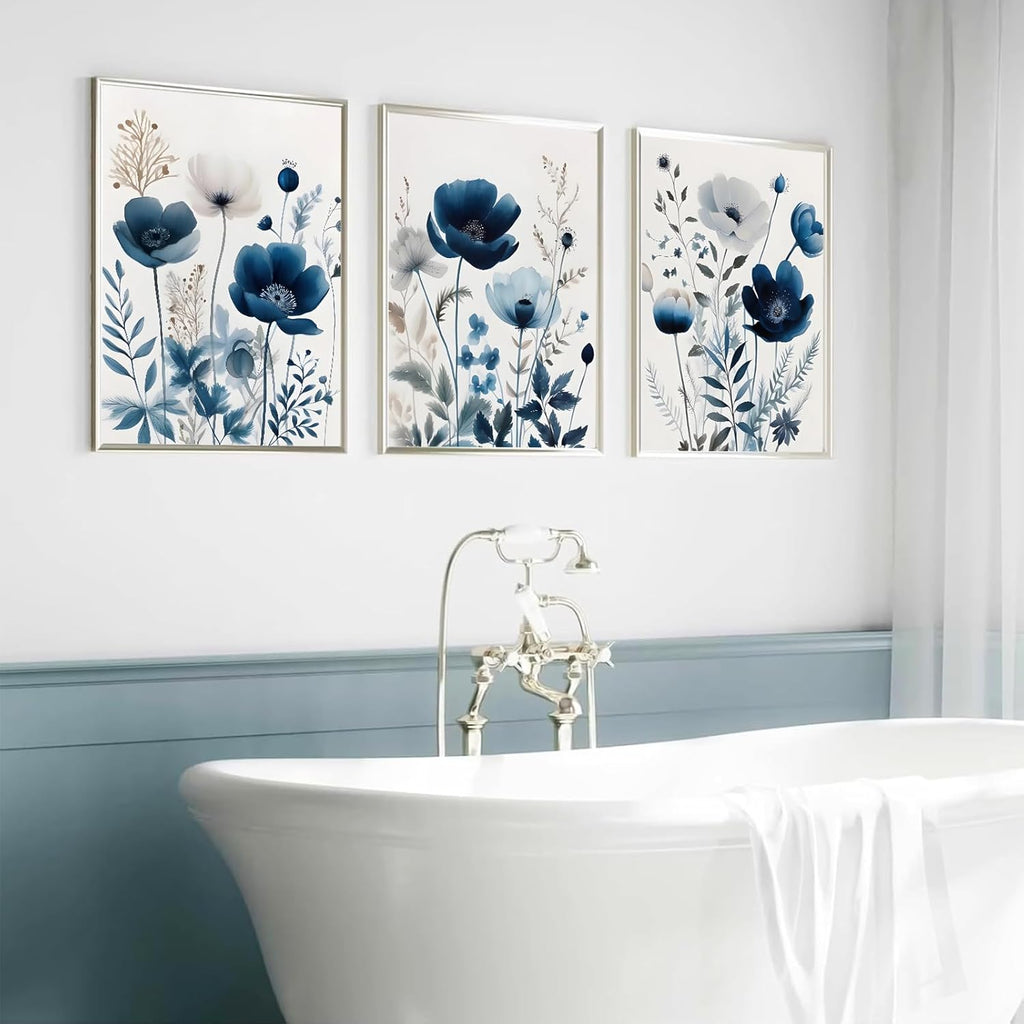 Skiennix Flower Canvas Wall Art - Modern Navy Blue Wildflower Prints | Unframed 12x16in Decor