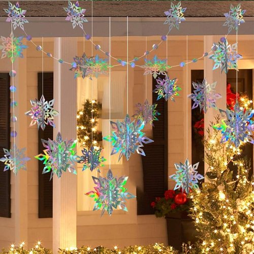 Cheerland Iridescent Snowflake Garland - Holographic 3D Streamers for Winter Wonderland Decor