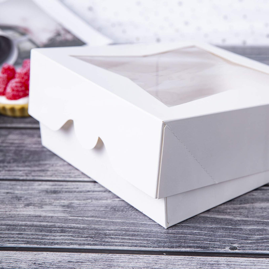 ONE MORE [15pcs] 8" White Bakery Pie Boxes, White Cardboard Cookie Box with Window Auto-Popup Natural Disposable Pastries Boxes 8x8x2.5inch,Pack of 15