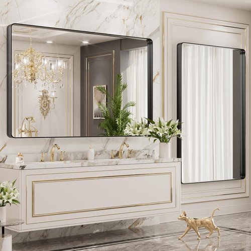 LOAAO Black Metal Framed Bathroom Mirror - 48x40 Inch Large Rounded Rectangle, Anti-Rust Tempered Glass