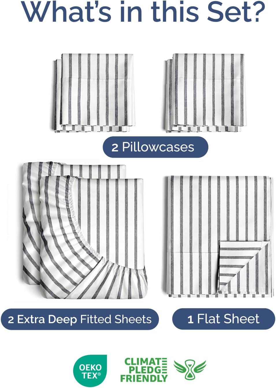 Skiennix Extra Deep Split King Sheet Set - 7 Piece Breathable Cooling Bedding - Soft Wrinkle-Free Grey Stripes