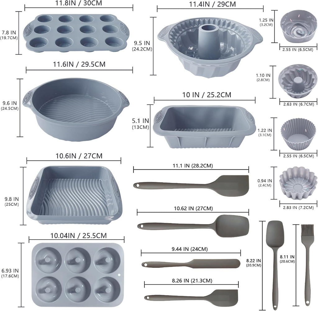 Skiennix 28 PCS Nonstick Silicone Baking Pans Set - Versatile Cake Molds & Muffin Pans | Light Grey