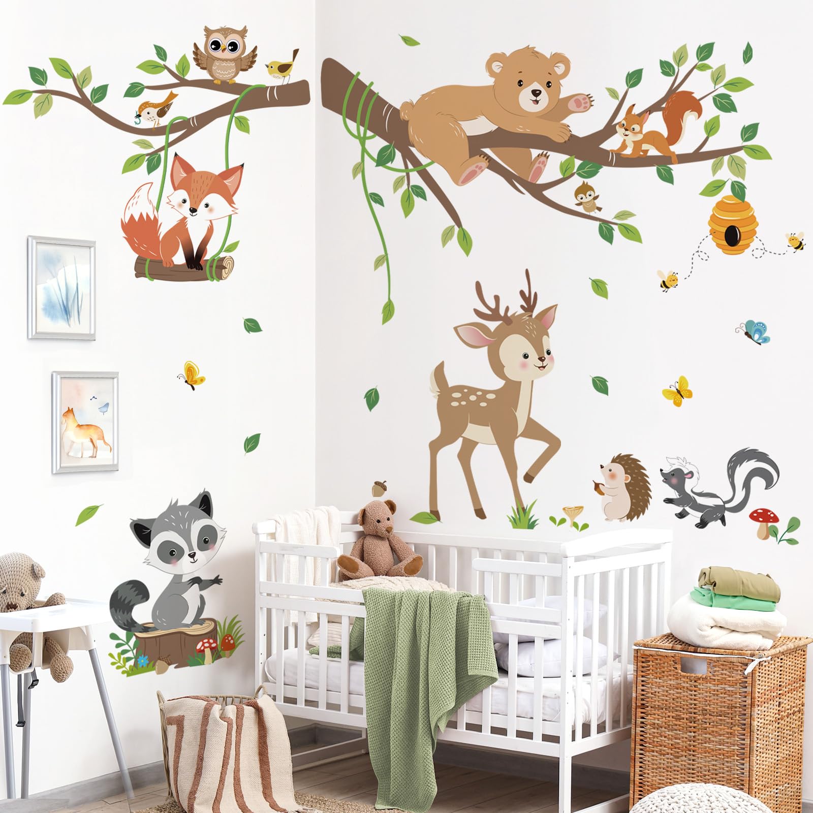 decalmile Woodland Animals Tree Branch Wall Decals Forest Animals Bear Deer Fox Wall Stickers Living Room Baby Nursery Kids Room Wall Decor