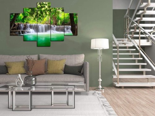 5 Panels Large Waterfall Canvas Painting Beautiful Green Forest Wall Art Stream Water Scenery Picture Nature Poster Print Wooden Artwork Home Decor for Living Room Bedroom Office Framed (60''Wx40''H)