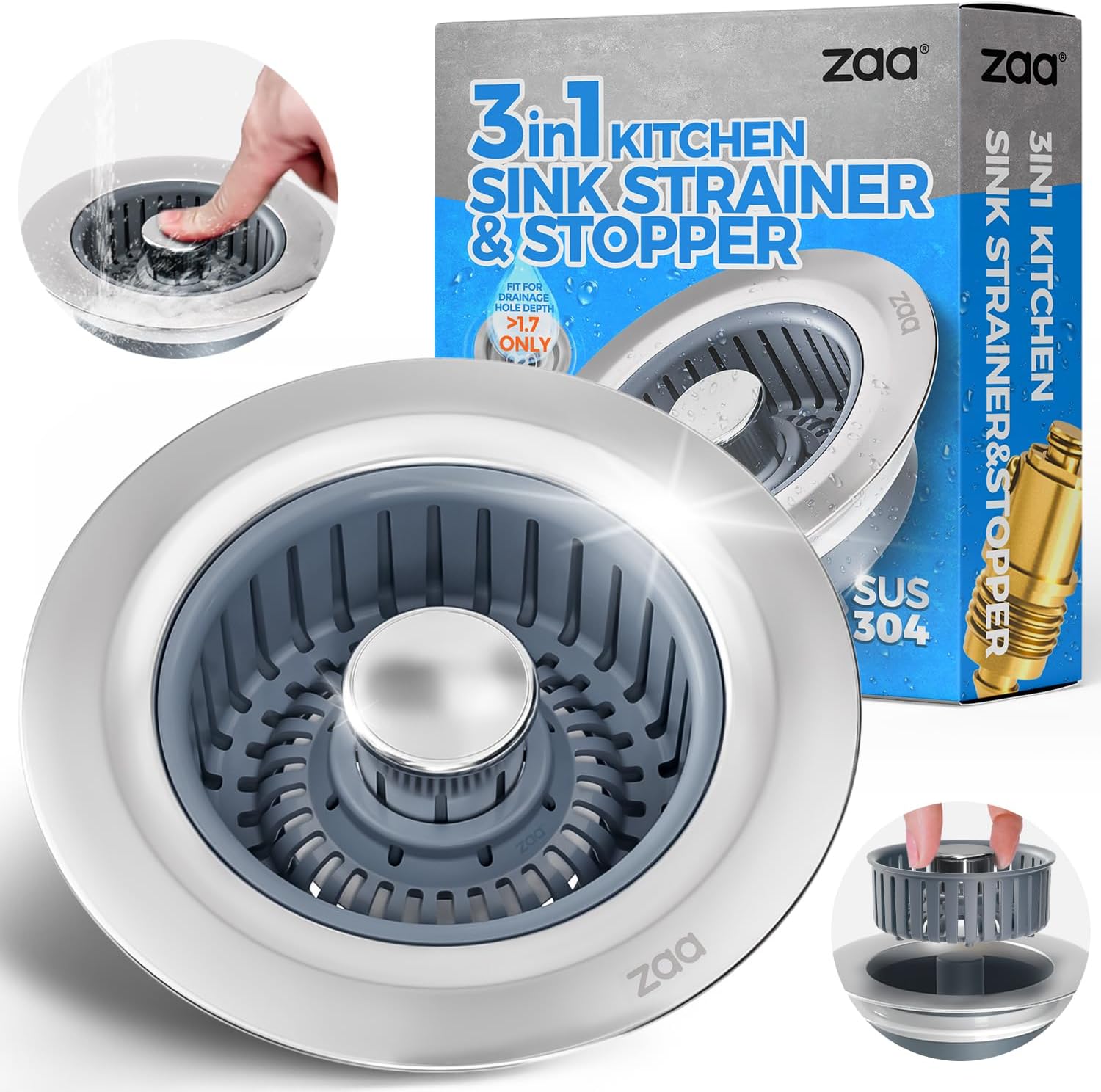 Sink Drain Strainer by [Brand Name] - 3-in-1 Anti-Clogging Kitchen Stopper | Fits 3-1/2'' Sink Hole, Silver
