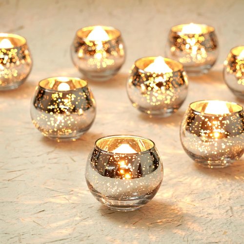 Homemory Silver Votive Candle Holders - 12 Pcs Round Mercury Glass Tealight Holders for Weddings & Home Decor