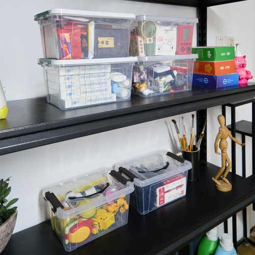 Eslite 6 Quart Stackable Storage Bins - Clear Latching Boxes with Handle & Lid | Pack of 6 (Black Handle)