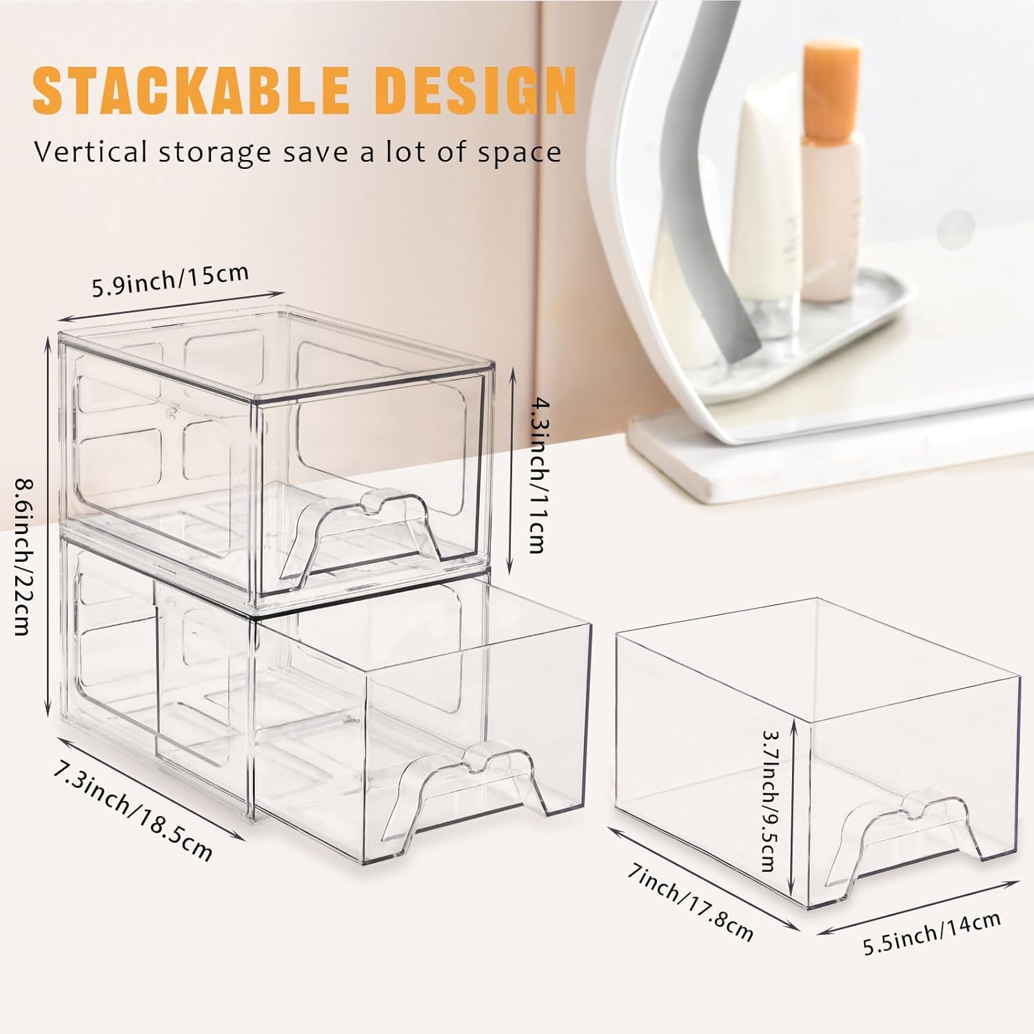 Stebopum Stackable Makeup Organizer - 6 Pack Clear Acrylic Storage Bins with Pull-Out Handle | 4.4'' Tall for Vanity, Kitchen, and More