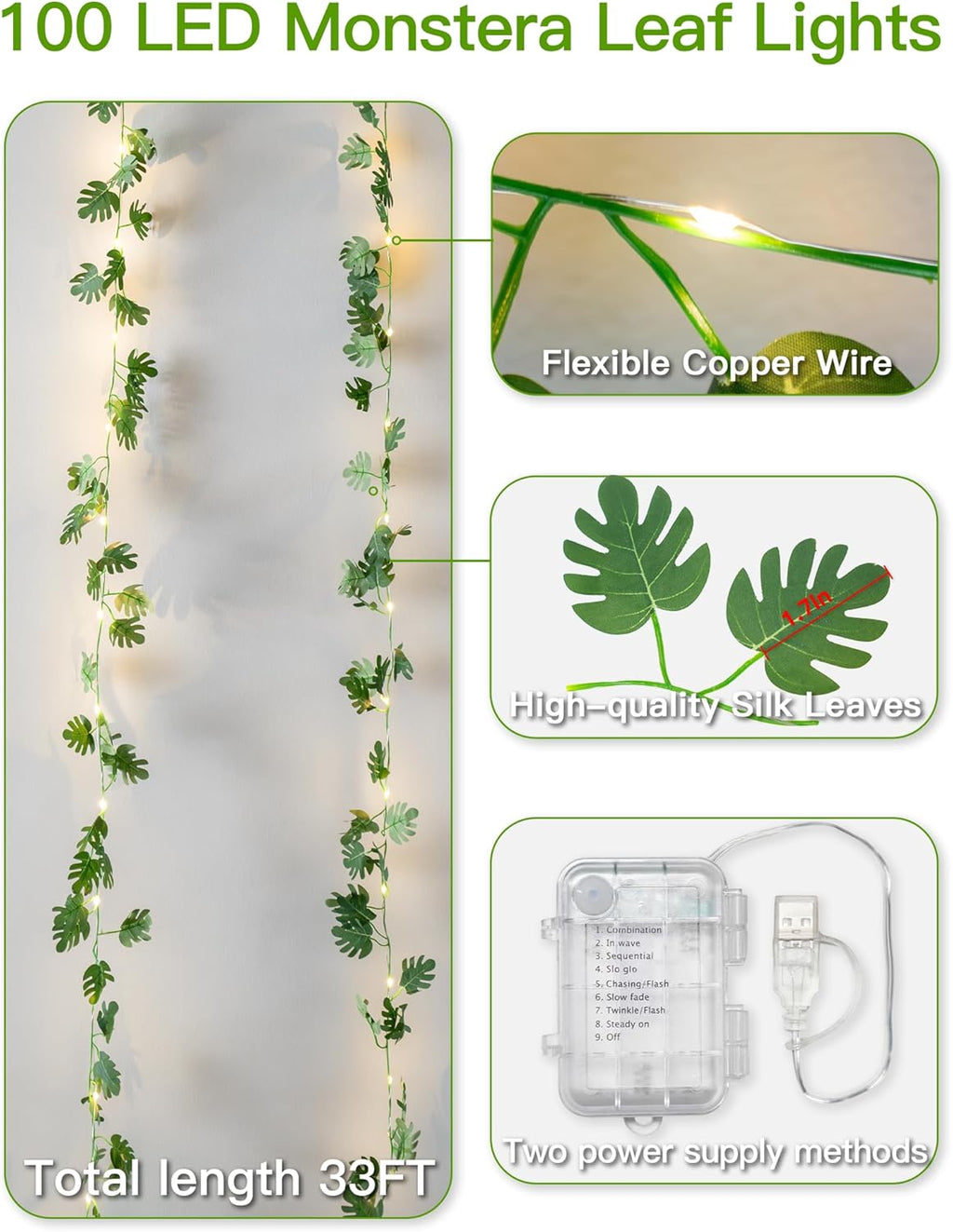 Suddus Fairy Lights - 33ft 100 LED Monstera Leaves String Lights | Battery & USB Powered, Remote Control, Indoor Tropical Decor