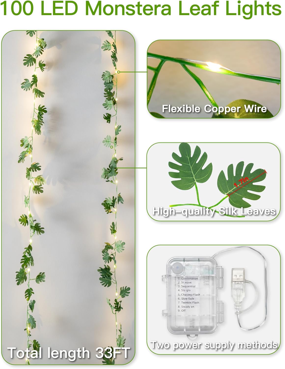 Suddus Fairy Lights - 33ft 100 LED Monstera Leaves String Lights | Battery & USB Powered, Remote Control, Indoor Tropical Decor