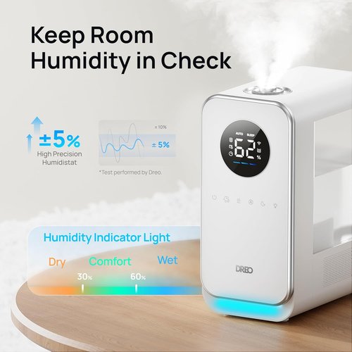DREO Cool Mist Humidifier - Smart Quiet Top-Fill Design for Large Rooms | 50-Hour Runtime, White