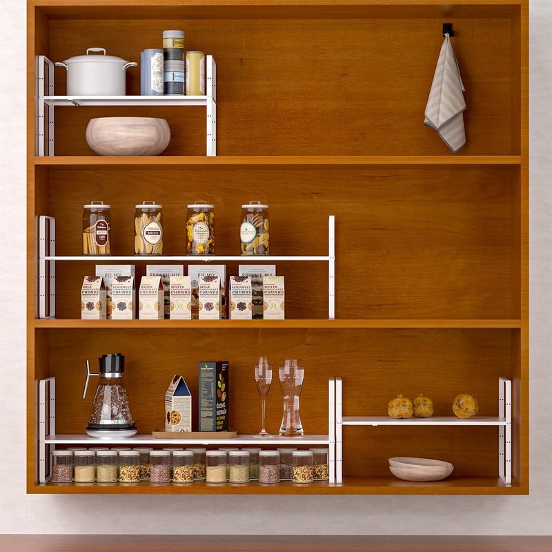 Redrubbit Expandable Cabinet Shelf Organizers, Stackable Kitchen Counter Shelves Spice Rack for Kitchen Bathroom Pantry Cupboard Desk Home Office, Metal Plate Heavy Duty Nonslip Black, Set of 2