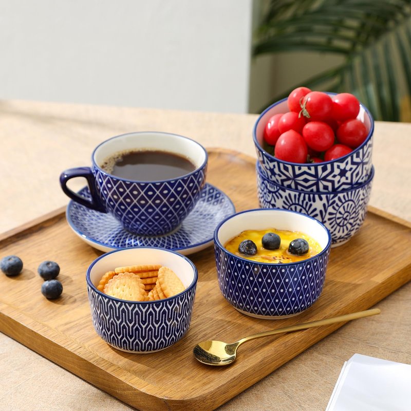Selamica Ceramic 8 Oz Ramekins, Creme Brulee Ramekins, Oven Safe Baking Dishes/Cups for Souffle Custard Pudding, Small Bowls for Ice Cream Dip, Set of 6, Vintage Blue