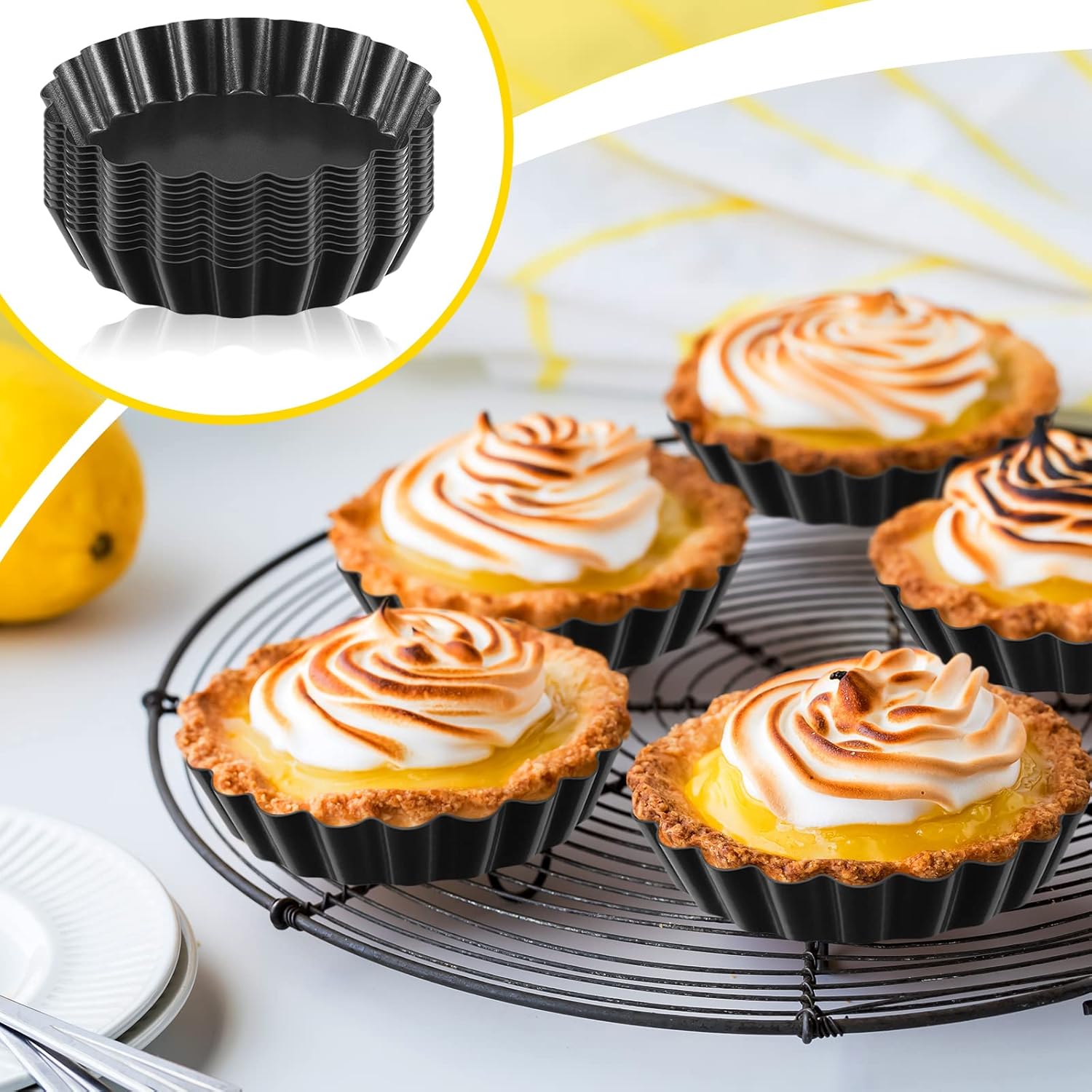 Tessco 16-Piece Mini Tart Pans - Nonstick Quiche & Pie Bakeware with Removable Bottom | 3-Inch Round, Black Gray