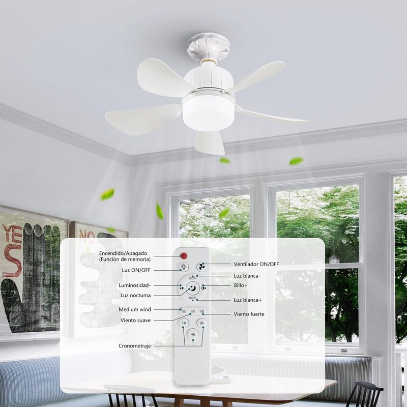 18" Socket Fan Light with Remote, Dimmable LED Ceiling Fans with Lights, Screw in Socekt Fans and Socket Extender, 3 Colors 3000K-6500K, Replacement Light Bulb Fan for Kitchen Garage Bedroom,White-2P