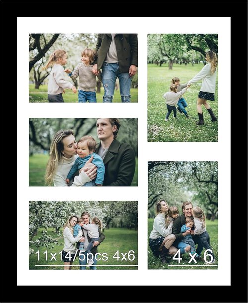 JCJMY 11x14 Picture Frame - Stylish 4-Opening Collage Frame for 5 Photos | Black Multi-Photo Display