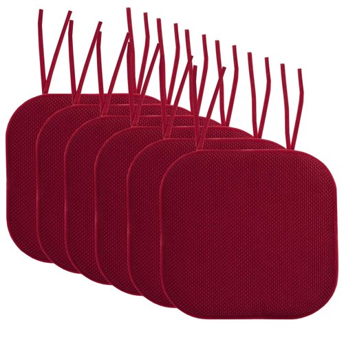 Sweet Home Collection Chair Cushion Memory Foam Pads with Ties Honeycomb Pattern Slip Non Skid Rubber Back Rounded Square 16" x 16" Seat Cover, 6 Pack, Wine Burgundy 6 Pack