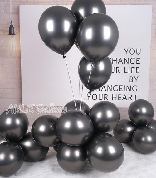 AULE Black Metallic Balloons - 12 Inch Chrome Latex Balloons | 50 Pack for Birthday & Graduation Decor