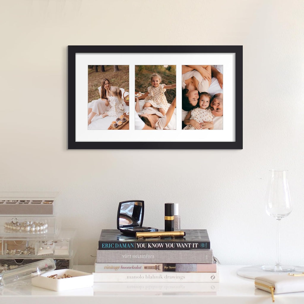 Upsimples 8x14 Collage Picture Frame - Display 3 Photos (4x6) with Mat or Without Mat, Black